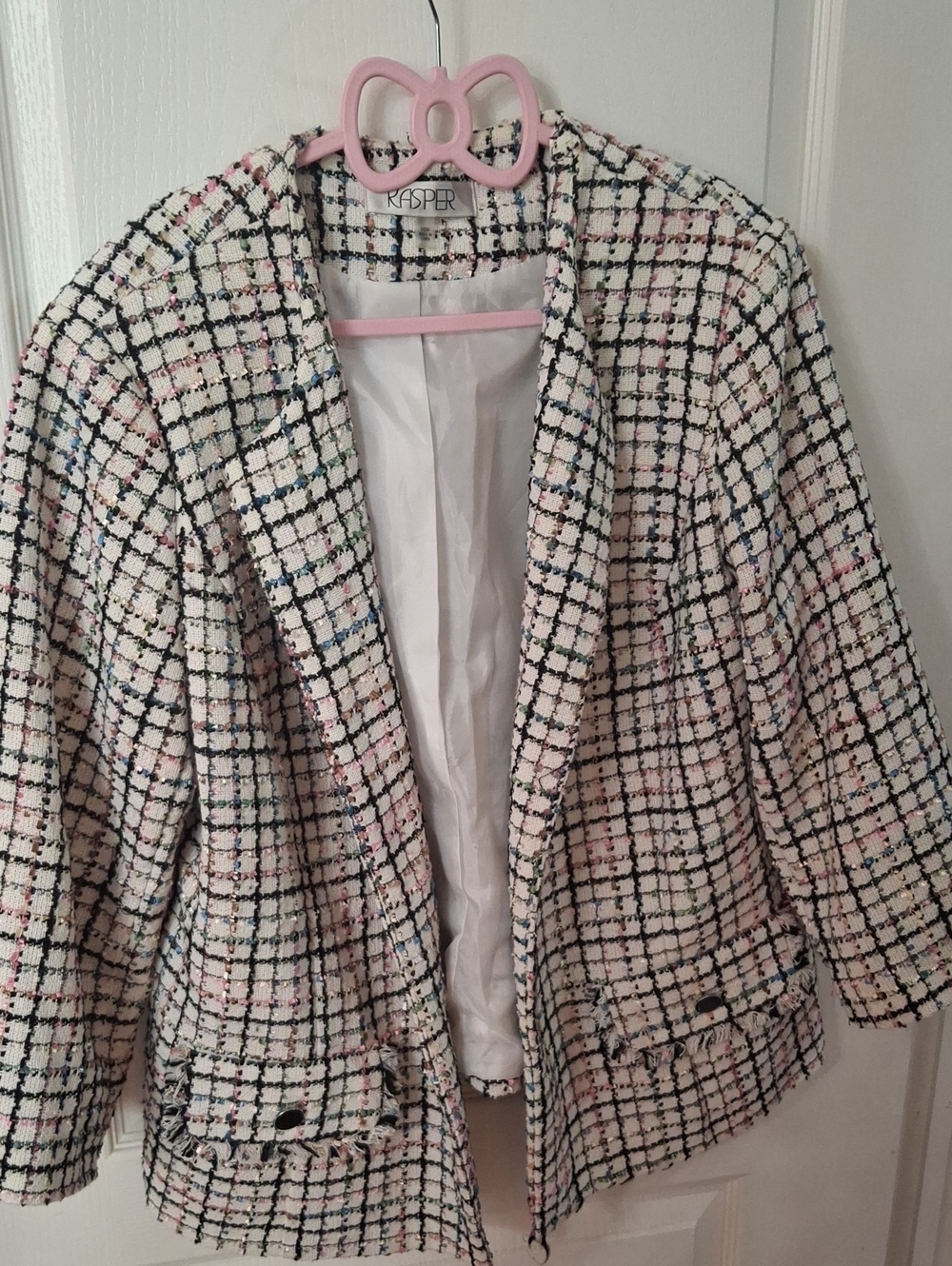 Kasper Cream Tweed Plaid Blazer with Multi-Color Accents Size 16 W